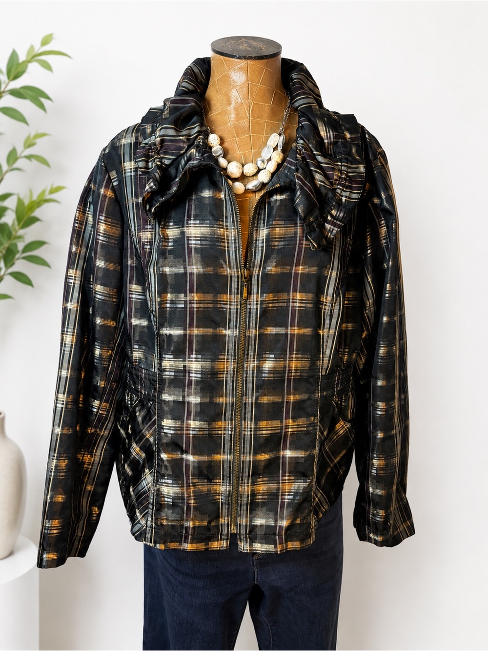Claudia EV Plaid Metallic Zip Front Jacket XL Statement Collar